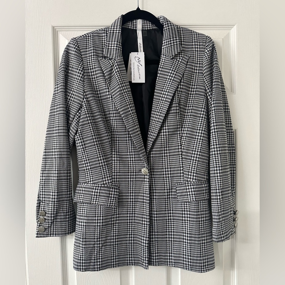 NY Collection Women’s Black/ Off White Houndstooth Blazer Jacket Size PM